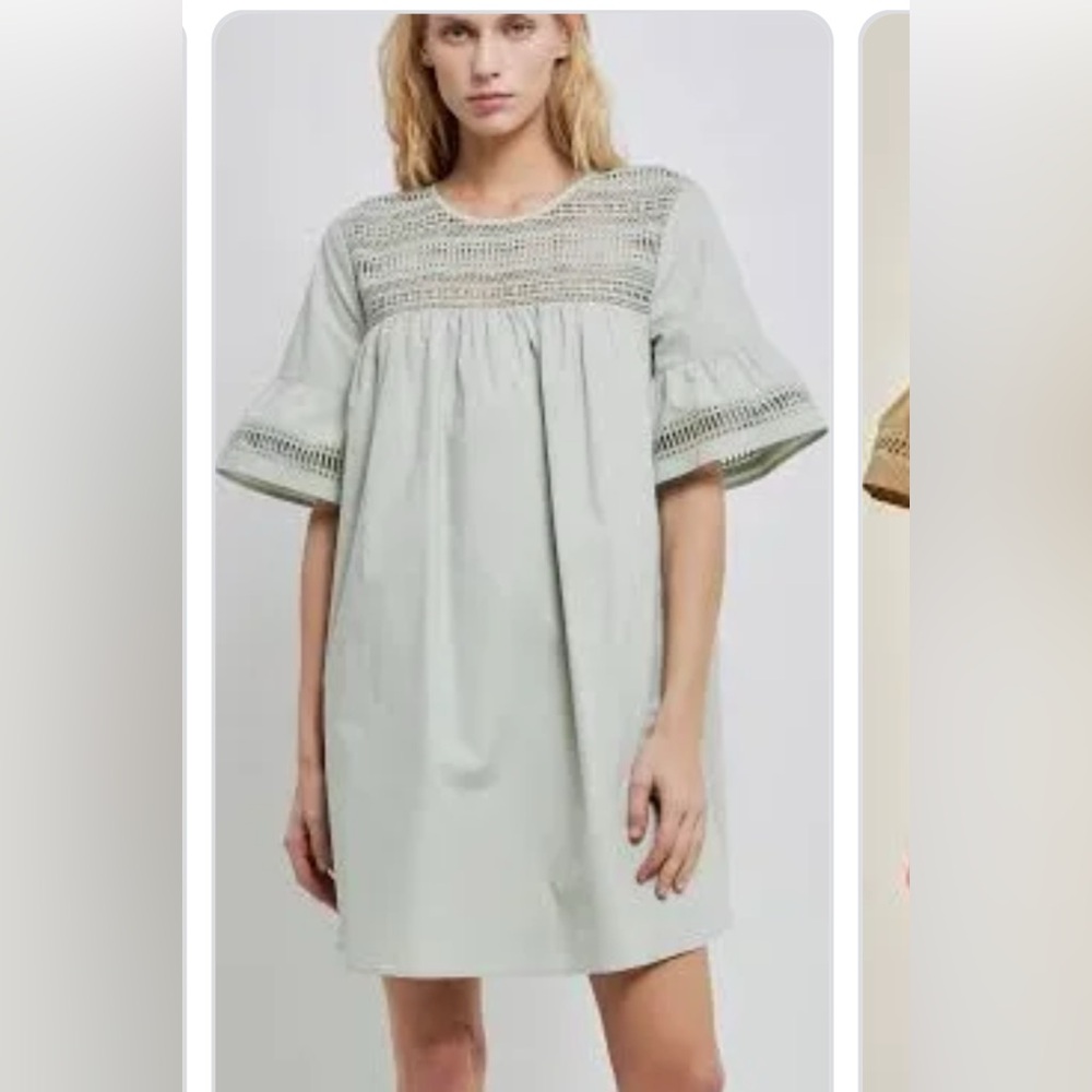 ENGLISH FACTORY LACE DETAIL MINI DRESS size small, light sage green, pockets